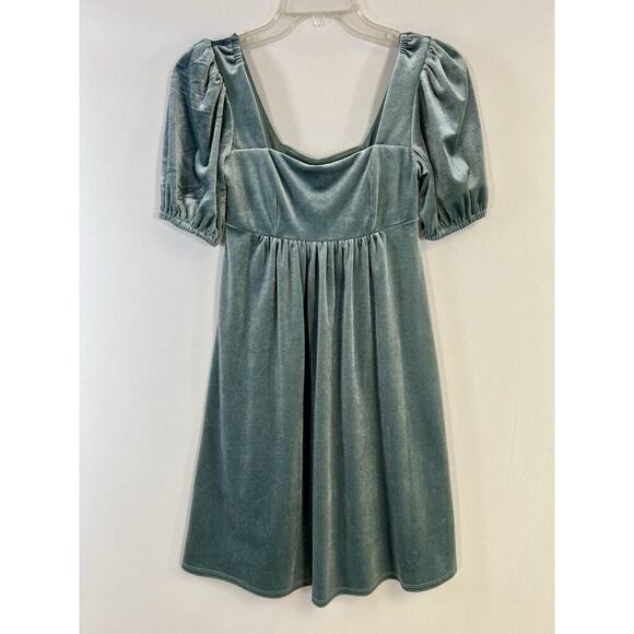 Dusty Blue Velvet Peasant Prairie Fairy Square Neck Puff Sleeved Mini Dress XS - Picture 2 of 12